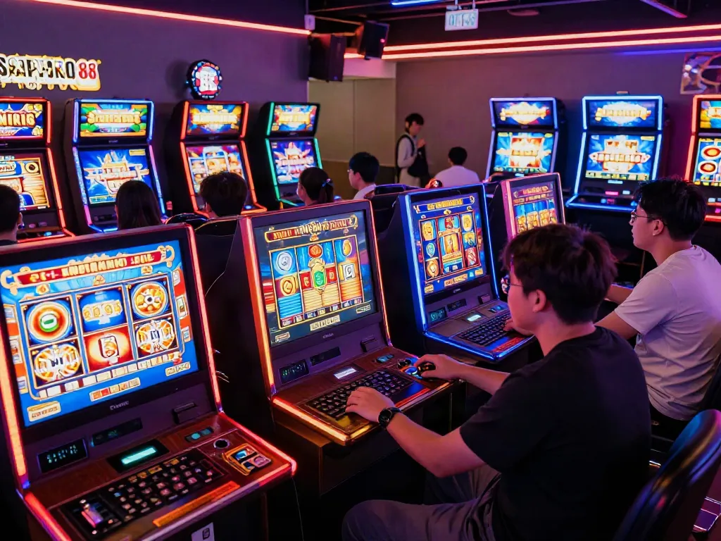 Exciting SAPPORO88 gaming lounge with players at colorful slot machines celebrating wins.