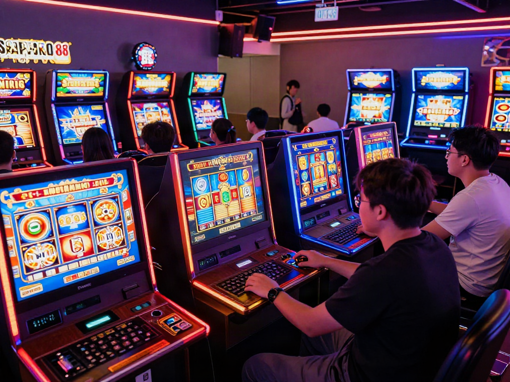 Exciting SAPPORO88 gaming lounge with players at colorful slot machines celebrating wins.