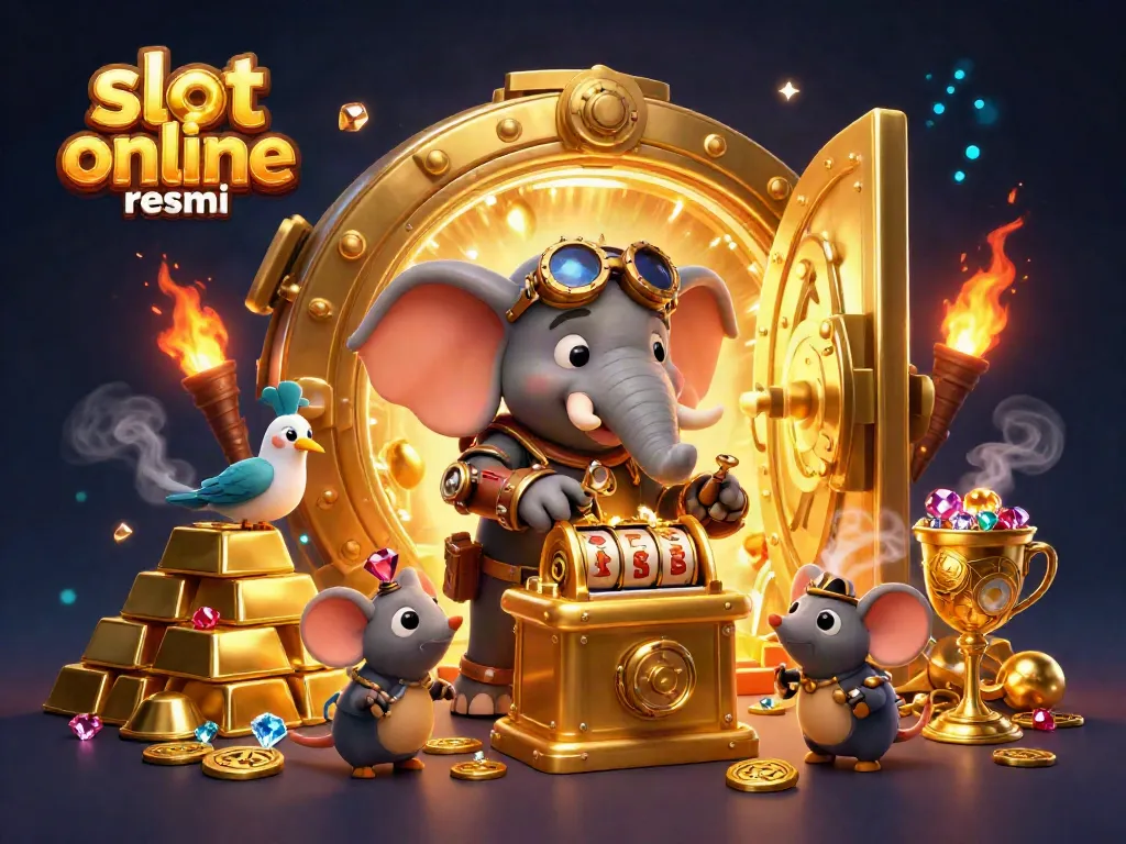 Spin the reels of slot online resmi with a vibrant steampunk scene of engineers, gold, and jewels bursting with energy.