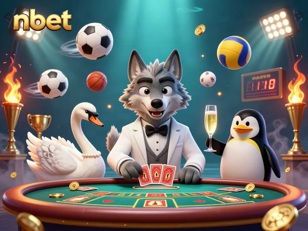 Engage in nbet gaming with a lively scene featuring a wolf, swan, and penguin at the baccarat table.