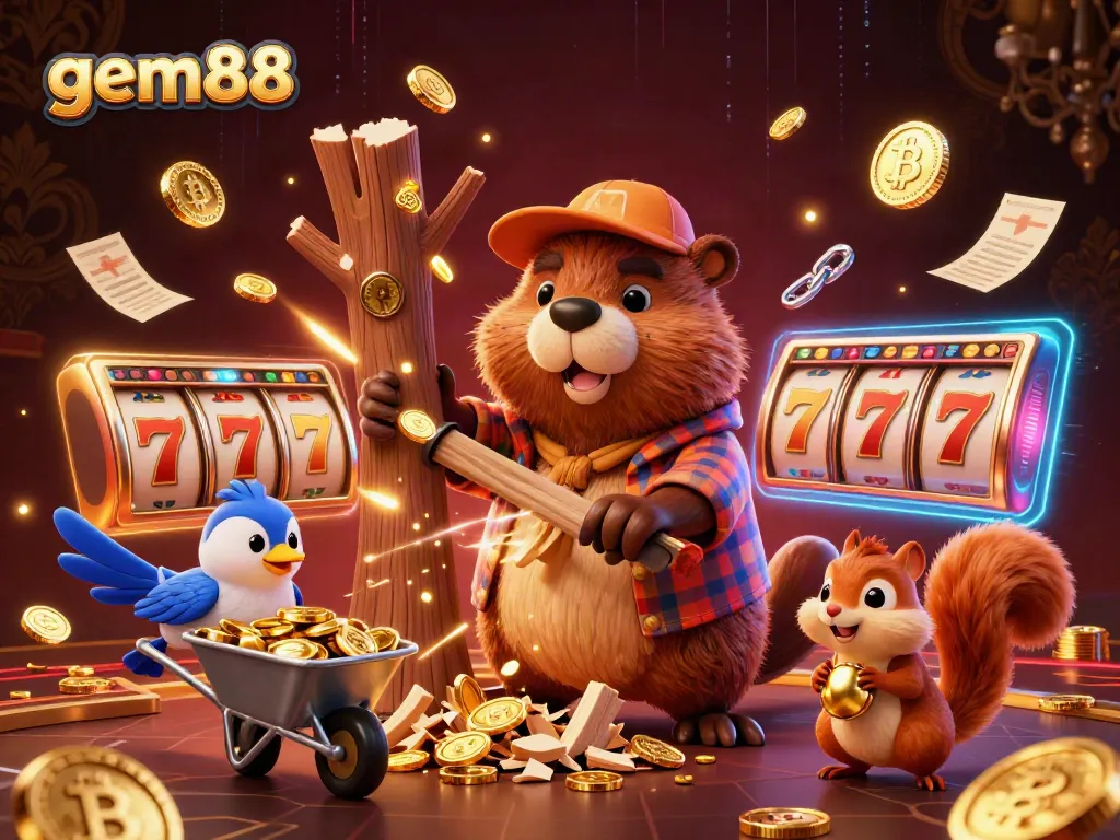Experience thrilling wins with gem88's vibrant online casino scene filled with gold coins and slot symbols.