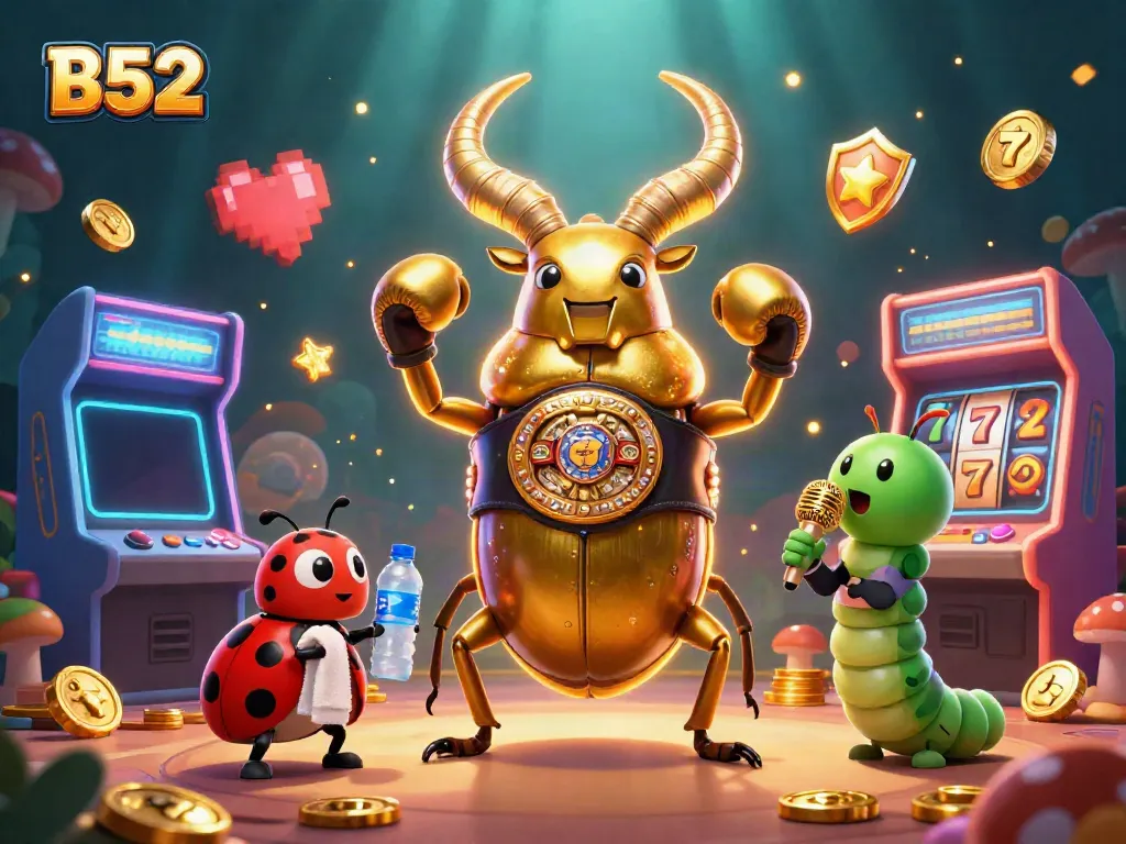 Engage in thrilling B52 adventures with a giant golden stag beetle champion, game fantasy elements and casino excitement.