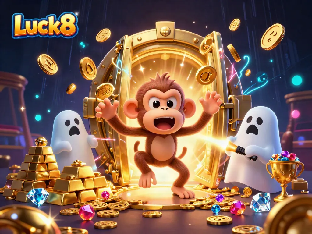 Luck8 showcases a mischievous ghost monkey juggling treasures in an enchanting haunted casino.