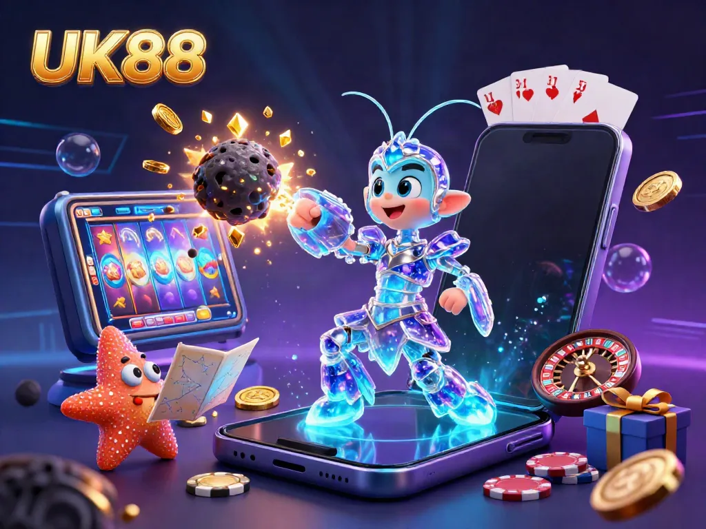 UK88 showcases a vibrant galactic samurai shrimp bursting through an asteroid, surrounded by casino icons, exemplifying online gaming energy.