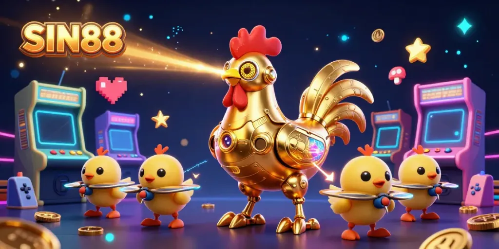 Engage in exciting games and experience the thrill of SIN88 with vibrant golden rooster robot and arcade elements.