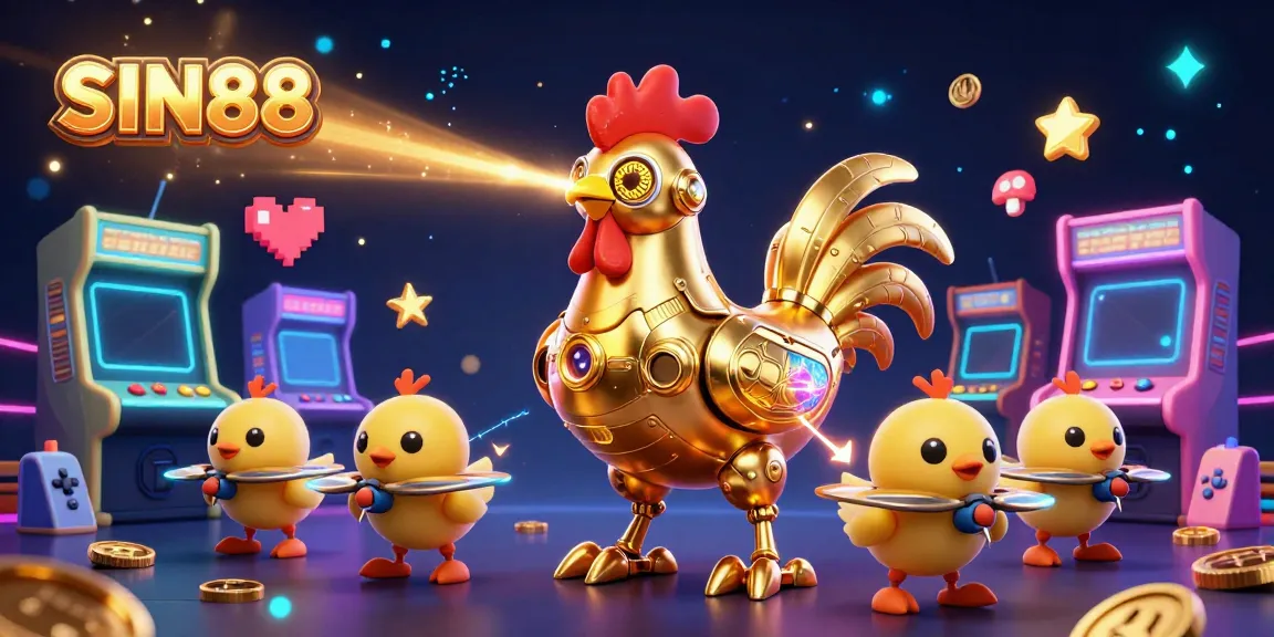 Engage in exciting games and experience the thrill of SIN88 with vibrant golden rooster robot and arcade elements.