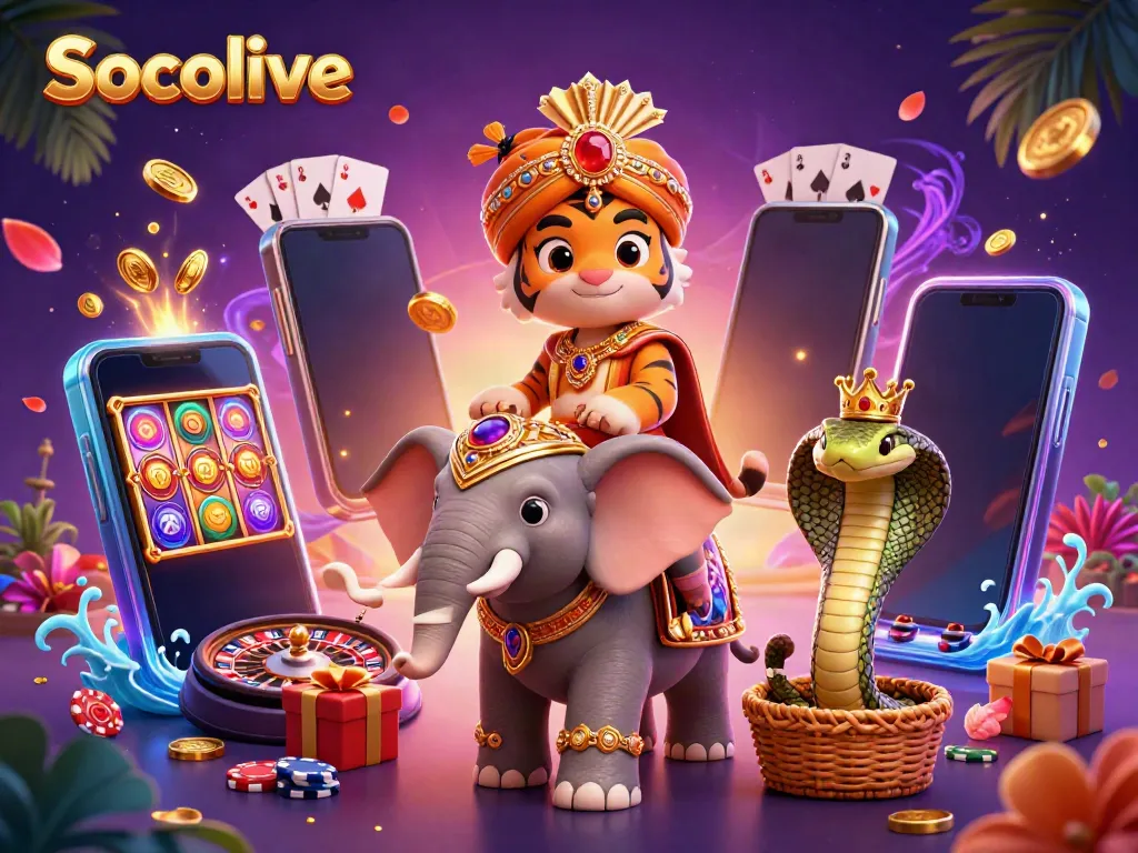 Socolive entertains with a vibrant casino scene featuring a maharaja tiger and jewel-encrusted elephant surrounded by dynamic slot games and decorations.