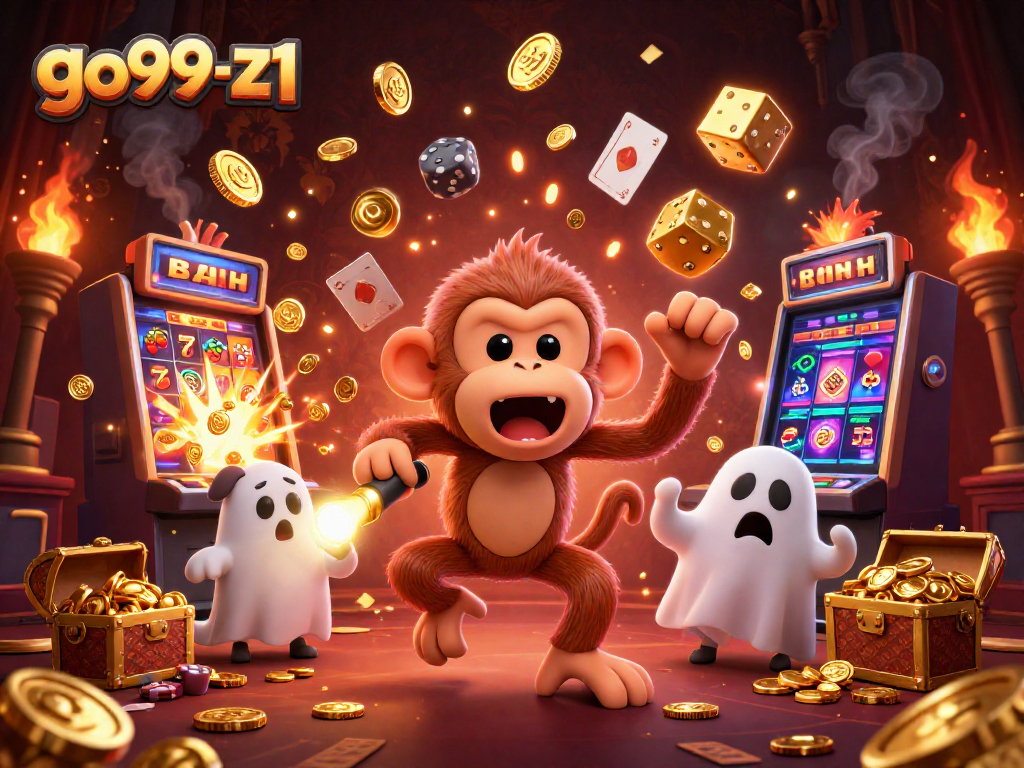 Experience the thrilling energy of go99-z1 with a playful poltergeist monkey in a casino.