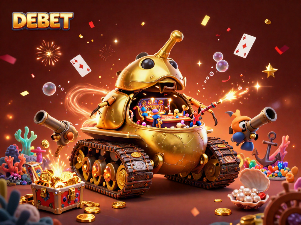 Experience the excitement of DEBET's unique gaming ecosystem with a vibrant 3D cartoon casino scene.