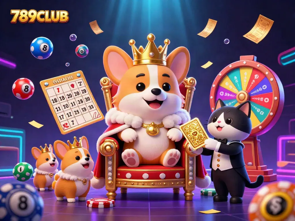 Experience the excitement at 789CLUB with vibrant casino-themed 3D illustration showcasing colorful lottery balls and regal characters.