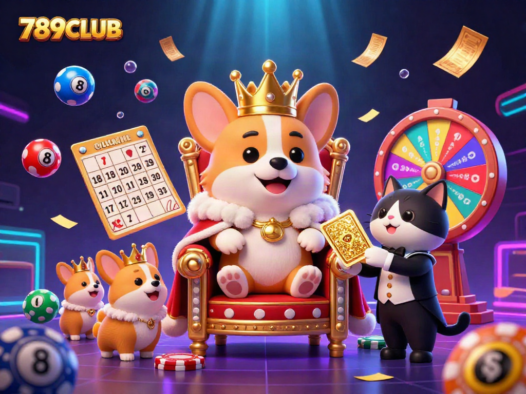 Experience the excitement at 789CLUB with vibrant casino-themed 3D illustration showcasing colorful lottery balls and regal characters.