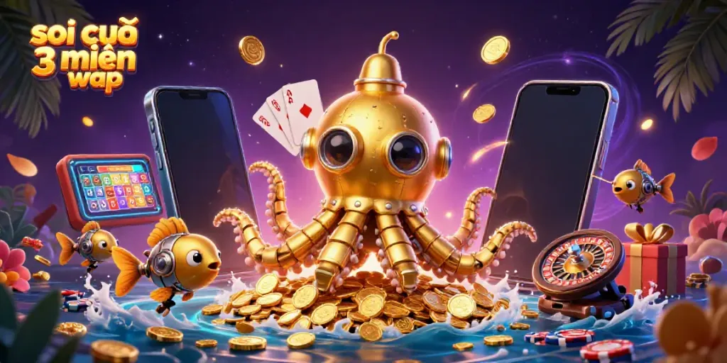 Engage with soi cầu 3 miền wap, showcasing a golden kraken submarine and entertainment elements in vibrant 3D.