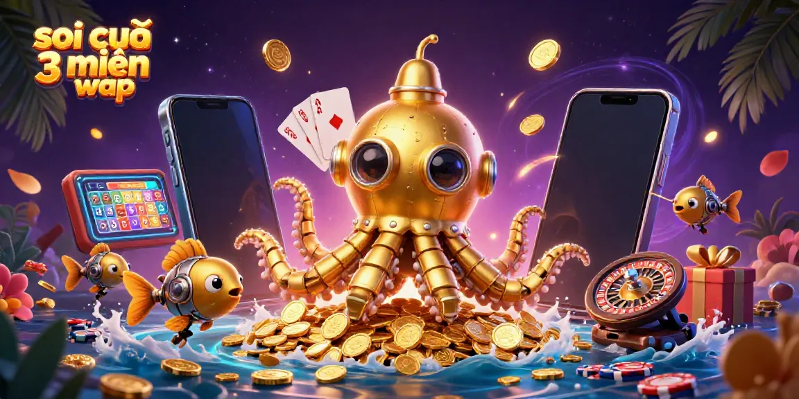 Engage with soi cầu 3 miền wap, showcasing a golden kraken submarine and entertainment elements in vibrant 3D.