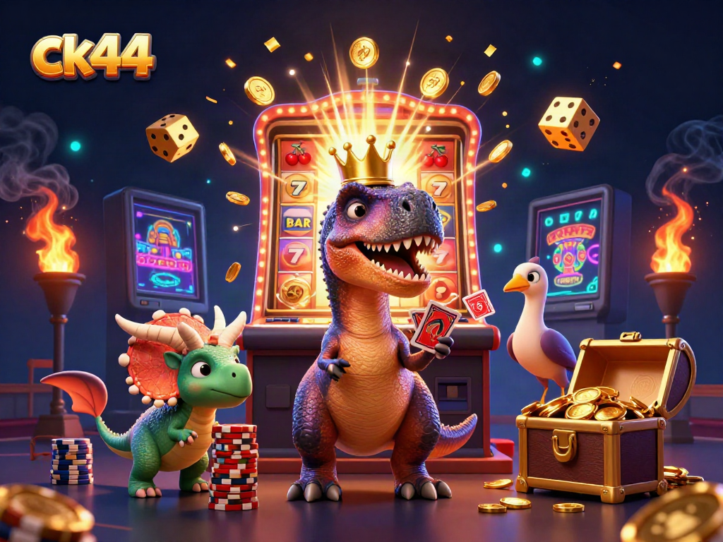 Experience the excitement of ck44 as a T-Rex shuffles cards and friends celebrate jackpots in a vibrant casino scene.