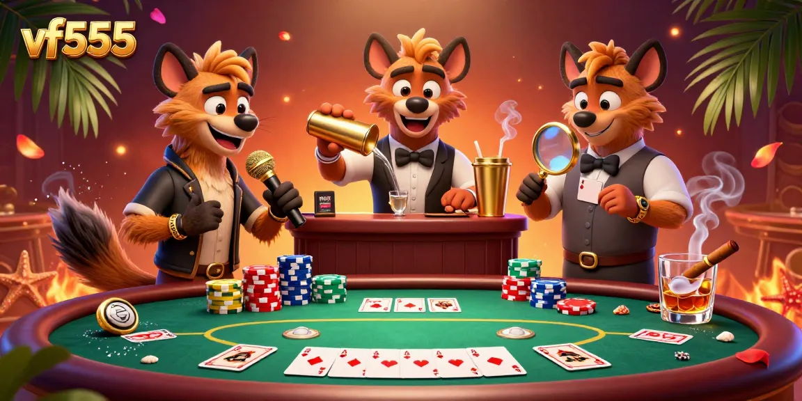 A 3D lively casino scene featuring hyenas in a comedy club at vf555, with vibrant gaming elements and a warm atmosphere.