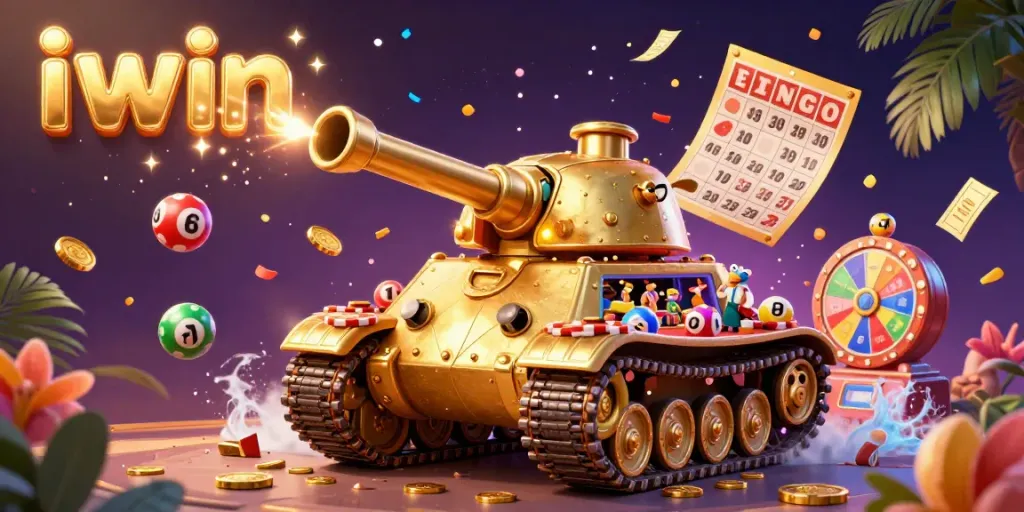 Enjoy vibrant iwin casino-themed illustration featuring a golden beetle tank revealing a mini casino and exciting game elements.