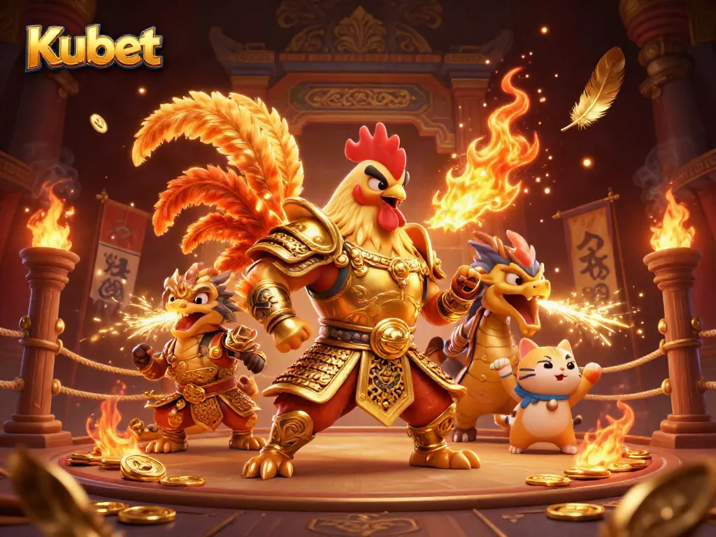 Kubet immerses players in a dynamic 3D fighting scene featuring a warrior rooster, dragon hatchling, and fortune cat.