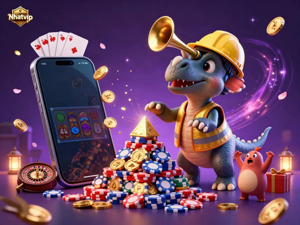Nhatvip's vibrant online casino scene with a triceratops and fun game elements.