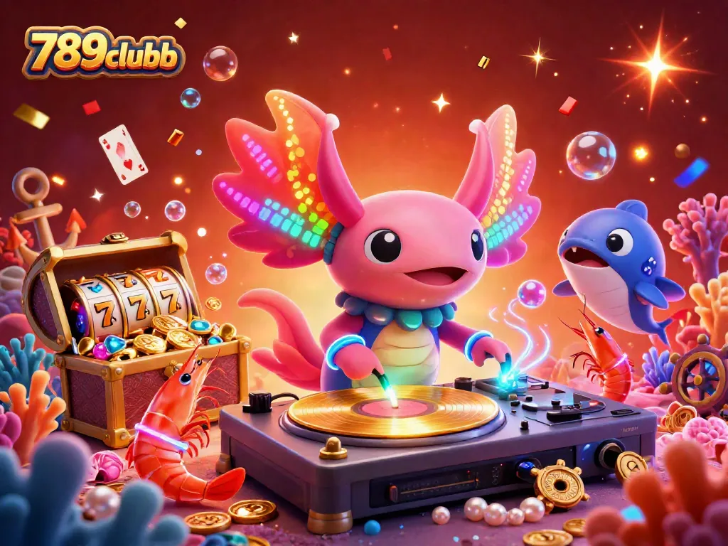 Experience the vibrant energy of 789clubb with a lively casino scene featuring animated characters and gold coin treasures.