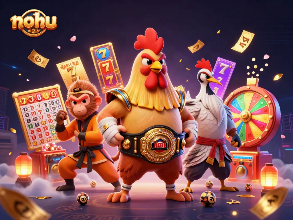 Experience nohu-themed excitement with vibrant reels, jackpots, and colorful characters highlighting dynamic casino action.