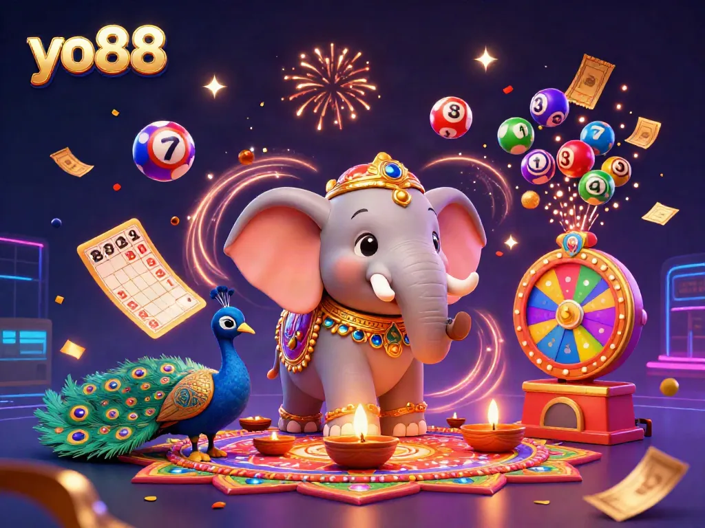Experience the excitement of yo88 with a vibrant 3D casino scene full of dynamic lottery elements and ornate decorations.