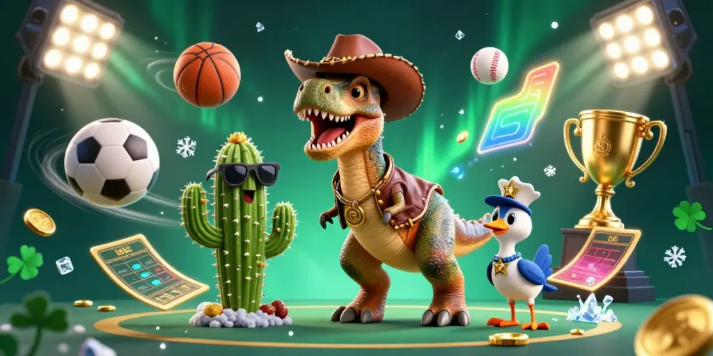 Join the fun at b52 with our 3D casino illustration featuring a cowboy T-Rex and dynamic gambling elements.