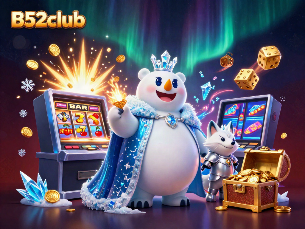 Engage in excitement with B52club, featuring animated characters and dynamic slot machine action.