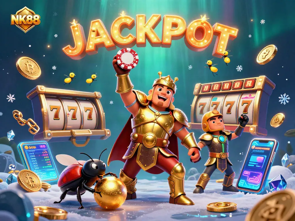 Experience excitement with NK88 in this vibrant casino illustration showcasing jackpots and winning moments.