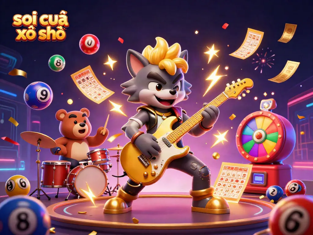 Shredding rock star wolf in vibrant casino illustration with colorful lottery elements highlighting soi cầu xổ số.
