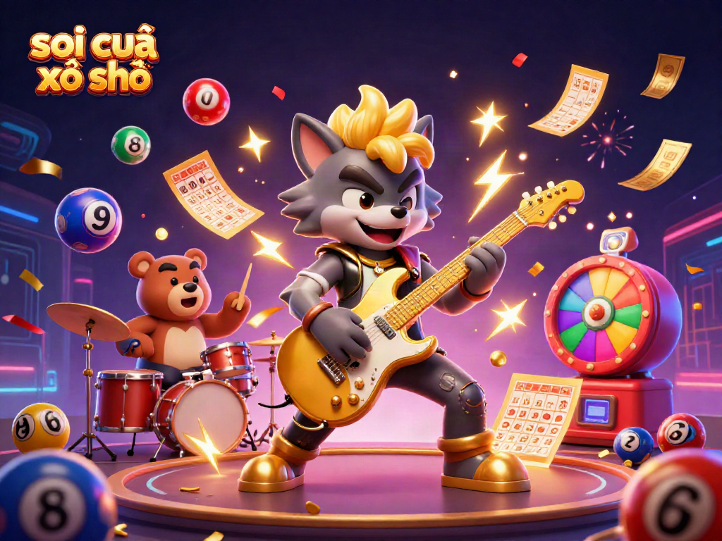 Shredding rock star wolf in vibrant casino illustration with colorful lottery elements highlighting soi cầu xổ số.