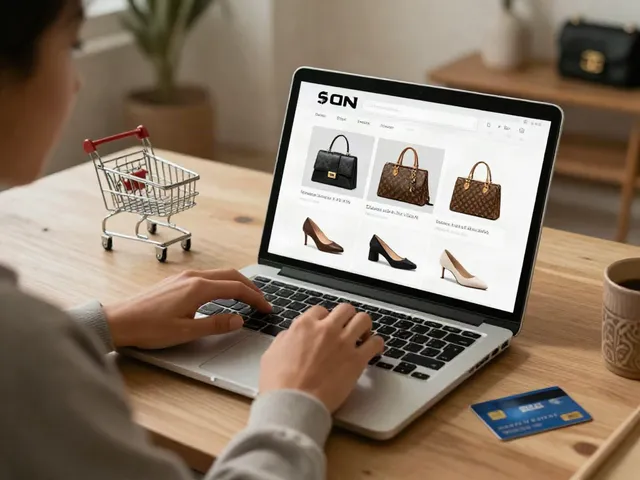 Shopping for premium replicas in an online replica shop showing designer bags and shoes.