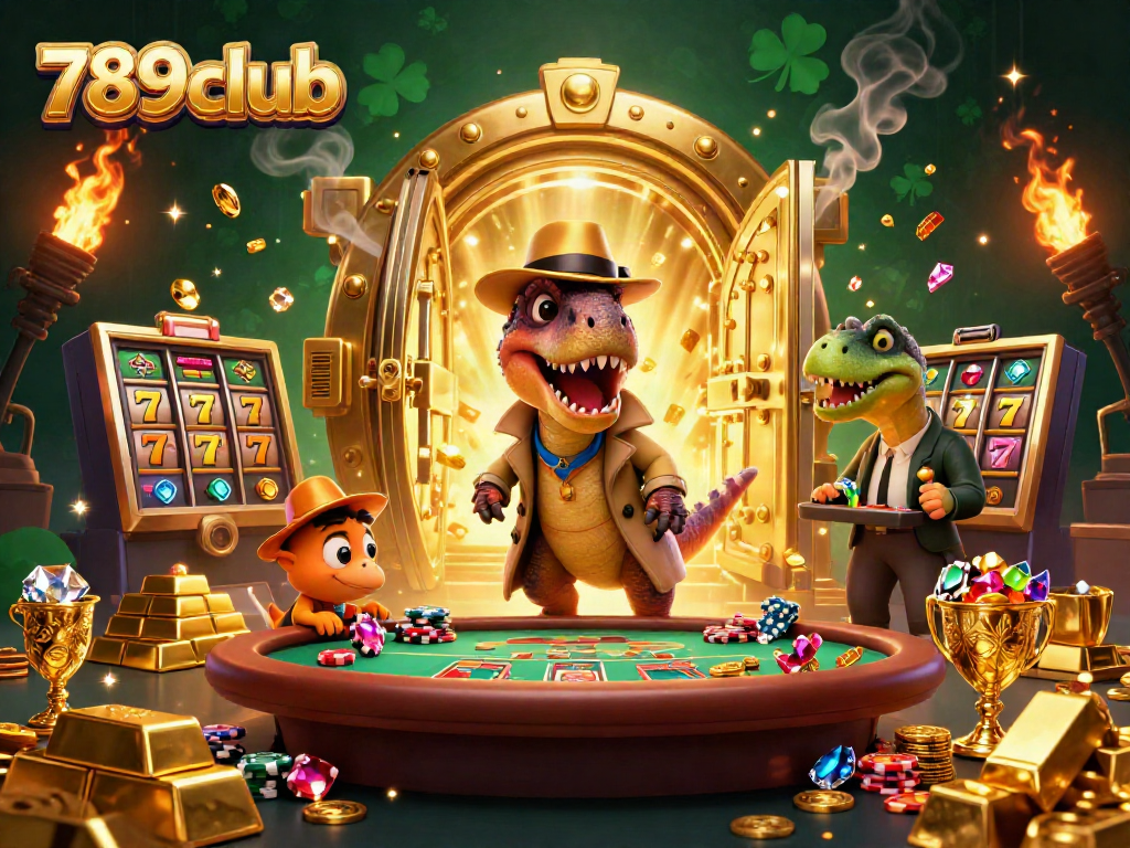 Experience the excitement of 789club with a lively 3D illustration featuring cartoon dinosaurs at a blackjack table.
