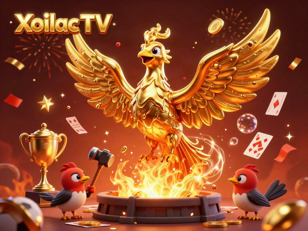 Xoilac TV showcases a dynamic sports betting scene with a molten gold phoenix and betting elements.