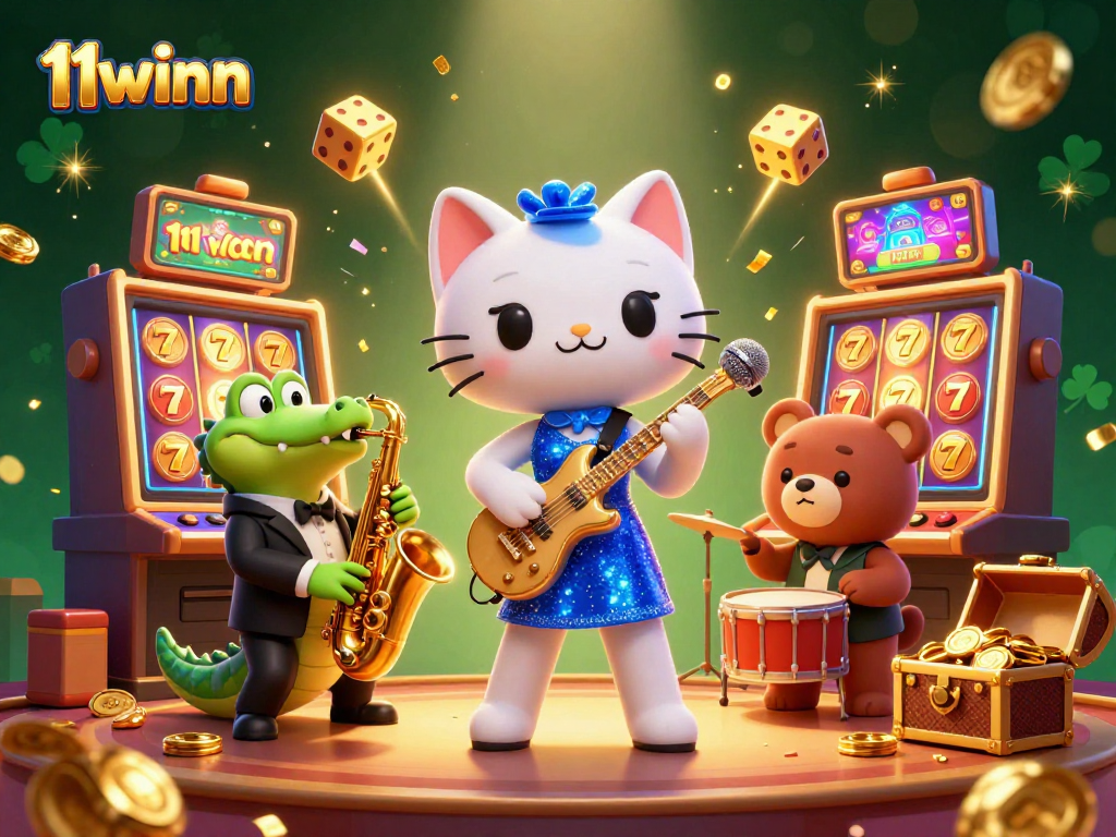 Experience thrilling moments at 11winn with a jazzy cat, a sax croc, and vibrant casino elements.