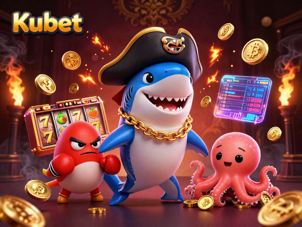 Kubet casino features cool characters engaging with vibrant slot machines and cryptocurrency elements.