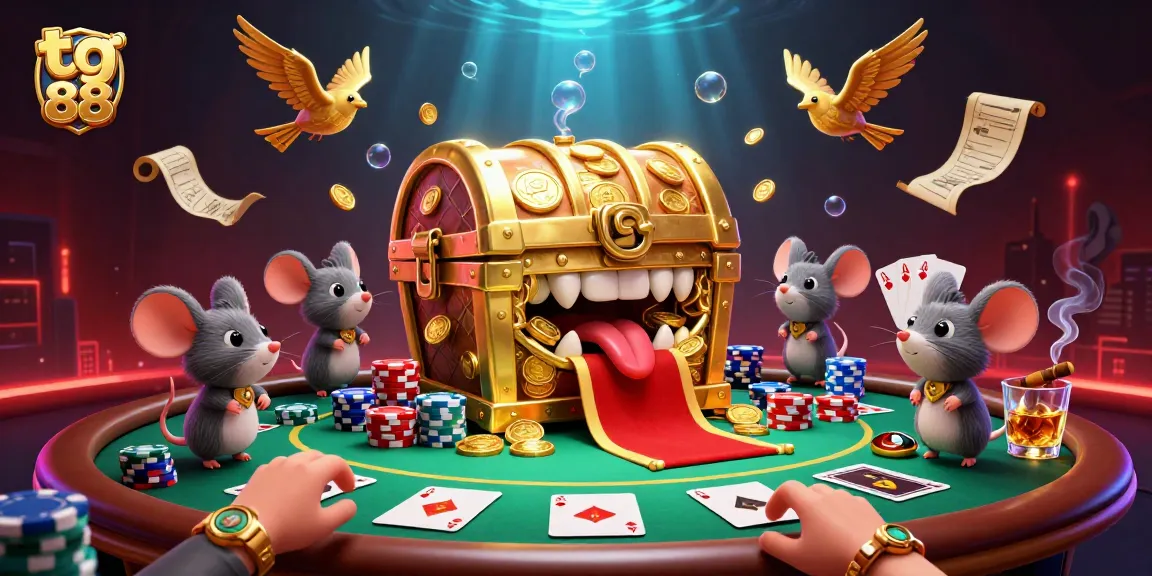 Experience the thrill of tg 88 gaming with cartoon treasure chests and poker elements in a vibrant casino scene.