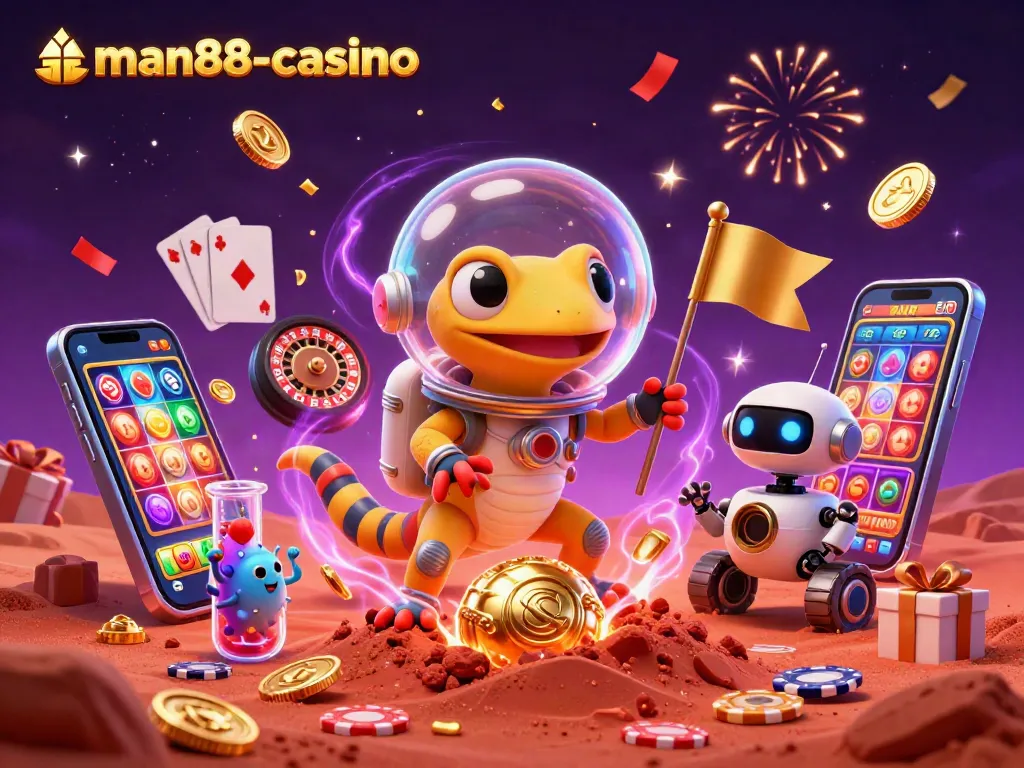 Cheer as the Martian gecko explores the man88-casino, uncovering golden slots and games.