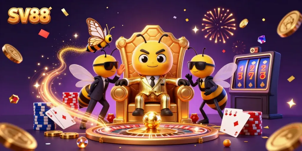 SV88 casino scene showcasing a cartoon mob boss, golden coins, and vibrant game elements.