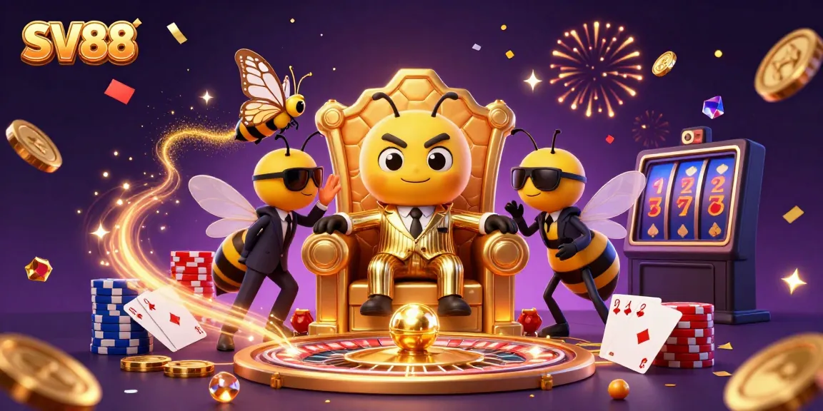 SV88 casino scene showcasing a cartoon mob boss, golden coins, and vibrant game elements.