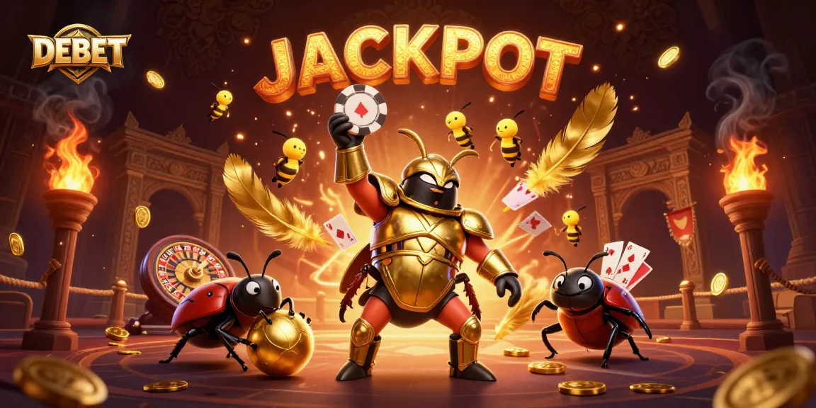 DEBET showcases a victorious beetle character in a vibrant casino-themed illustration filled with dynamic gaming elements.