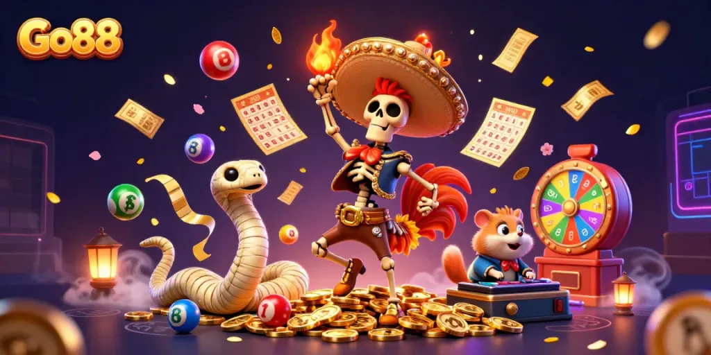 Engage with Go88's vibrant gaming experience featuring characters amidst colorful gaming elements.