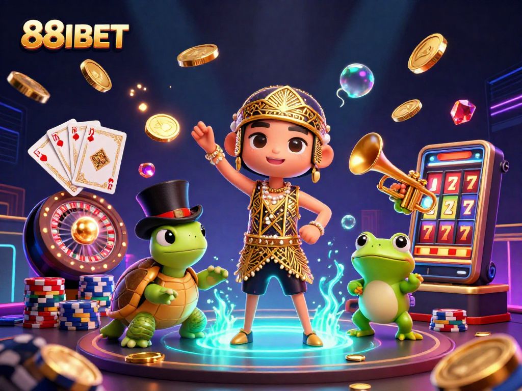 Experience thrilling gaming at 88IBET with dynamic characters and casino elements in a vibrant illustration.