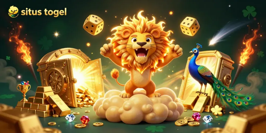 Engage with situs togel through 3D dynamic imagery of a roaring lion and golden treasures, exemplifying online lottery excitement.