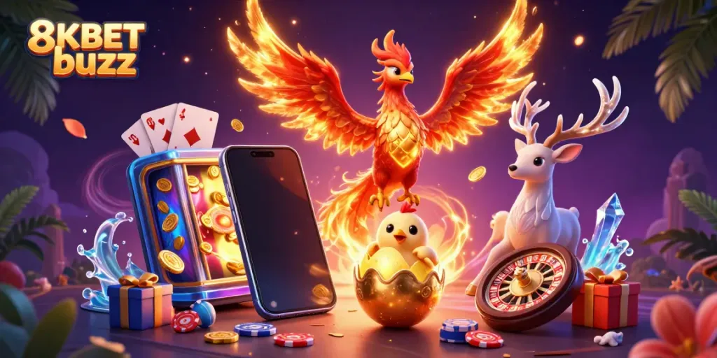 Experience 8KBET buzz in this vibrant 3D scene with a phoenix and casino elements.