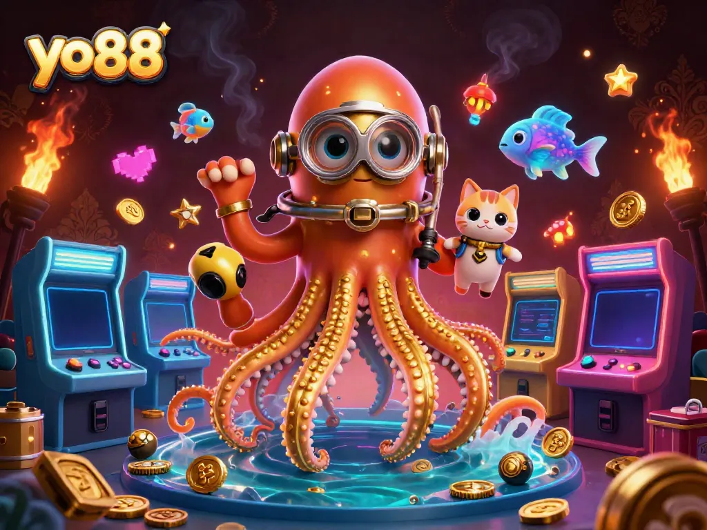 Engage in the thrill of yo88 with a lively 3D casino scene featuring a kraken, diving cat, and arcade game elements.