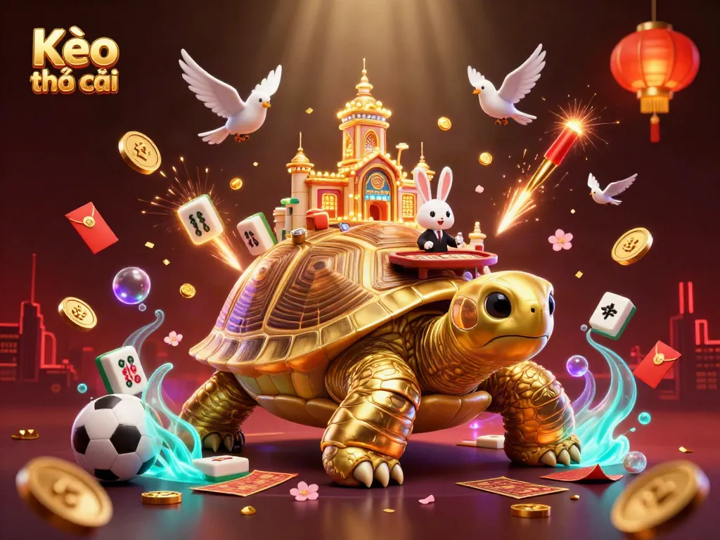 Engaging scene showcasing Kèo nhà cái with a golden tortoise casino and dealer amid dynamic betting elements.