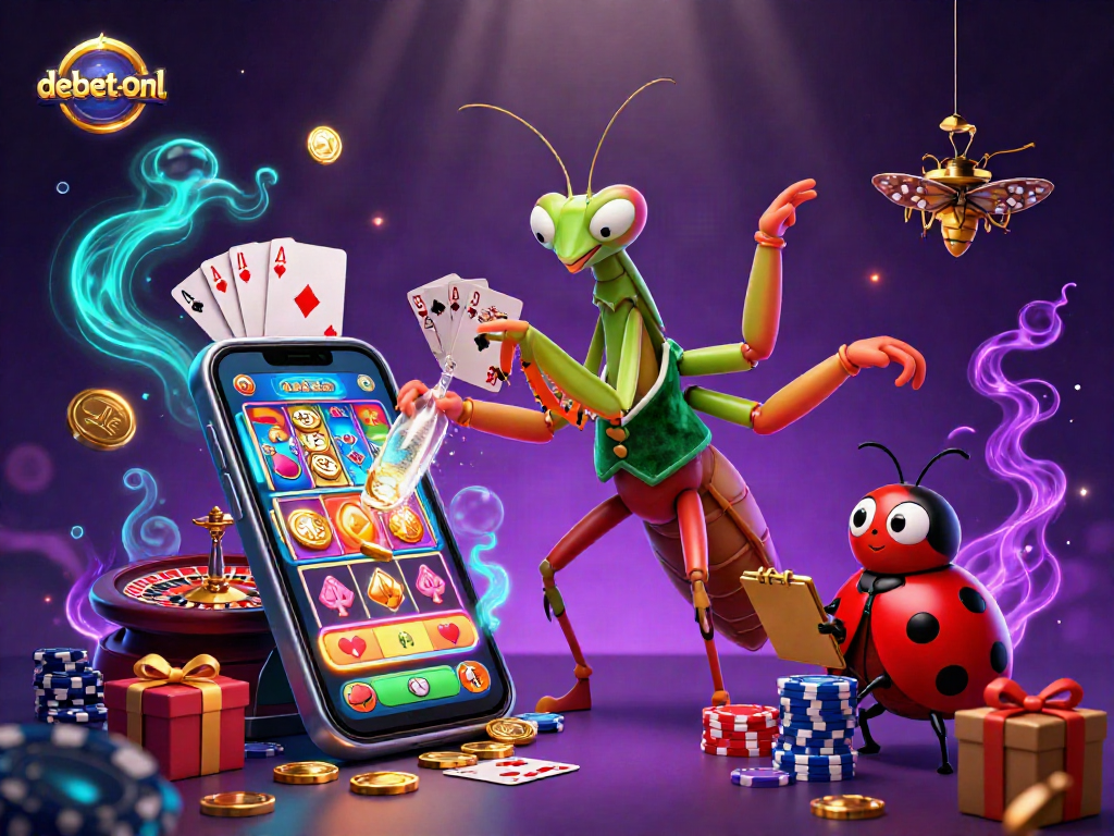 Engage with debet-onl through a vibrant 3D casino scene featuring characters and gaming elements.