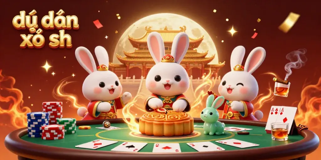 Engage in dự đoán xổ số with 3D moon rabbits celebrating victory amid a lively casino scene filled with poker elements.