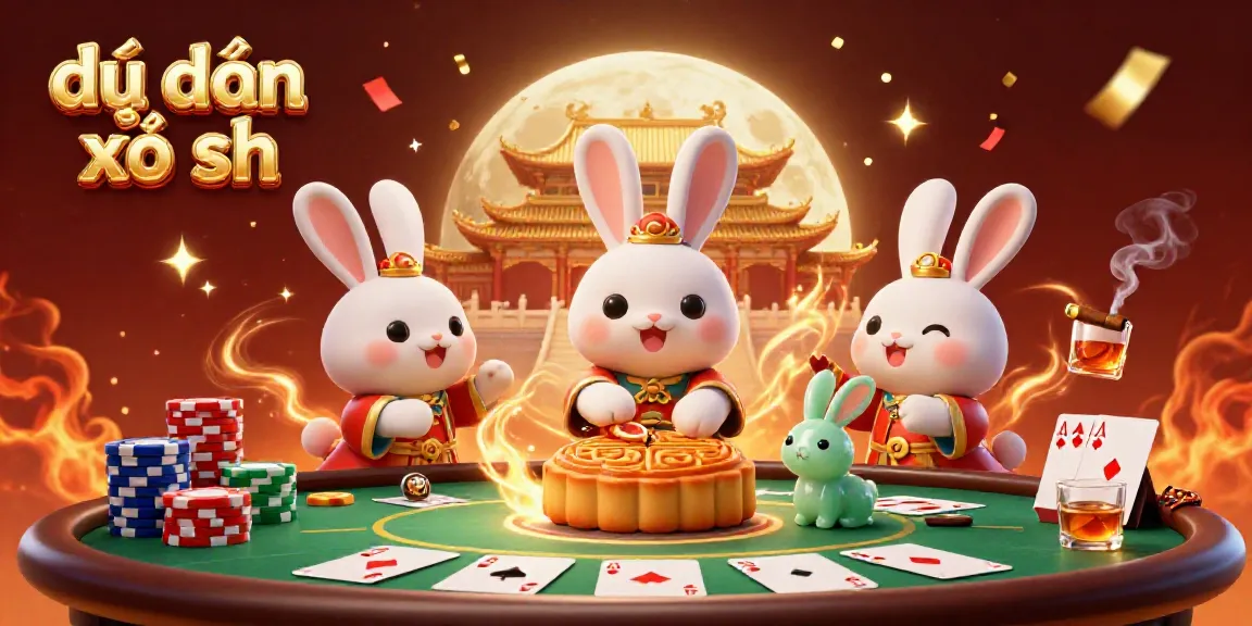 Engage in dự đoán xổ số with 3D moon rabbits celebrating victory amid a lively casino scene filled with poker elements.