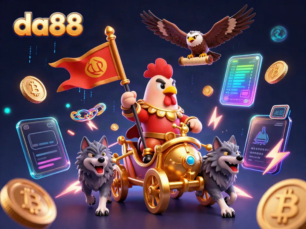 Engage in thrilling casino adventures with da88, featuring a cartoon rooster warlord and crypto elements.
